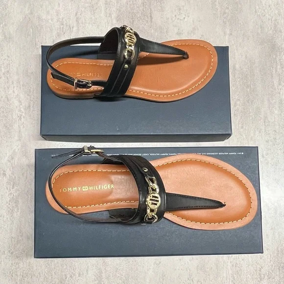 Tommy Hilfiger Black and Tan Sandals Toe Tong Buckle Gold Hardware size 9 - Picture 4 of 8